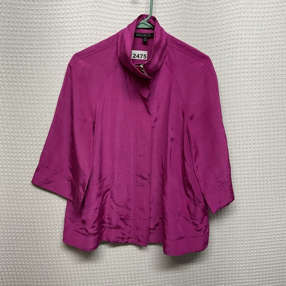 Lafayette 148 Linen Blend Zip Up Jacket Women's Size 12 Fucsia Relaxed 3/4Sleeve